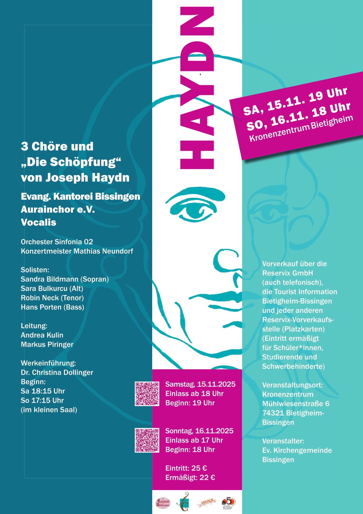 Aufführung mit den drei Chören Evang. Kantorei Bissingen, Aurainchor e. V. und Vocalis im Kronenzentrum von Bietighiem-Bissigen. Entweder Samstag 15.11.2025 mit Einlass ab 18 Uhr und Beginn 19 Uhr, oder Sonntag, 16.11.2025 mit Einlass ab 17 Uhr und Beginn 18 Uhr. Karten über Reservix bestellbar. 