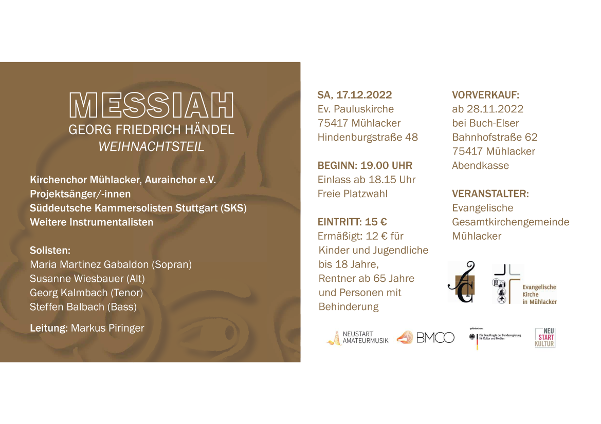 Beginn: 19:00 Uhr, Einlass ab 18:15 Uhr, freie Platzwahl, Ev. Pauluskirche, Hindenburgstr. 48, 75417 Mühlacker